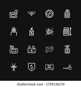 Editable 16 anti icons for web and mobile. Set of anti included icons line Smoking pipe, Soap, Protection, Bug, Antiseptic, Parasite, Banned, Anti age on black background