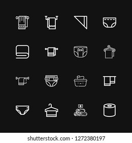 Editable 16 antibacterial icons for web and mobile. Set of antibacterial included icons line Tissue, Towels, Towel, Diaper, Wet wipes, Napkin on black background
