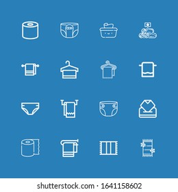 Editable 16 antibacterial icons for web and mobile. Set of antibacterial included icons line Towel, Tissue, Wipes, Diaper, Towels, Wet wipes on blue background