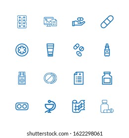 Editable 16 antibiotic icons for web and mobile. Set of antibiotic included icons line Medicine, Gauze, Drugs, Drug, Prescription, Pills, Ointment, Pharmacy on white background