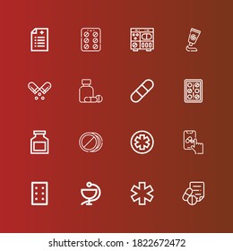 Editable 16 antibiotic icons for web and mobile. Set of antibiotic included icons line Medical prescription, Medicine, Pills, Pharmacy, Drug, Pill, Contraceptive pills on red