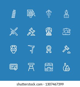 Editable 16 antique icons for web and mobile. Set of antique included icons line Vase, Pedestal, Stool, Certificate, Auction hammer, Scythe, Amphora, Sewing machine on blue background
