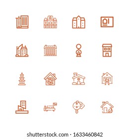 Editable 16 apartment icons for web and mobile. Set of apartment included icons line House, Hotel key, Bedroom, Building, Buildings, Duplex, Skyscraper, Blueprint on white background