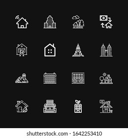Editable 16 apartment icons for web and mobile. Set of apartment included icons line Real estate, Building, House, Empire state, Mortgage, Skyscraper on black background