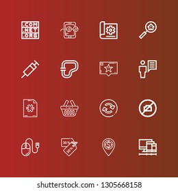 Editable 16 app icons for web and mobile. Set of app included icons line Screens, Placeholder, Discounts, Mouse, No camera, Reload, Basket, New file, User, Recommendation on red