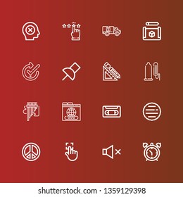 Editable 16 app icons for web and mobile. Set of app included icons line Alarm clock, Mute, Touch, Peace sign, Hamburger, Vhs, Domain, Panpipe, Condom, Design tools, Push pin on red