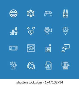 Editable 16 iconos de aplicación para web y móvil. Juego de aplicaciones incluidas línea de iconos Diseño, Ilustrador, Avatar, Selfie, Blogger, Bug, Visibilidad, Gamepad, Marcador de posición sobre fondo azul