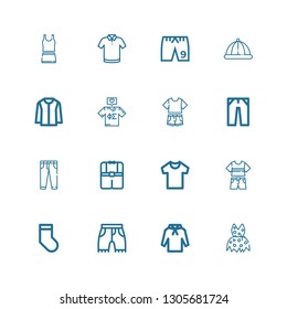 Editable 16 apparel icons for web and mobile. Set of apparel included icons line Clothing, Hoodie, Shorts, Socks, Clothes, Shirt, Jeans, Tshirt, Jacket, Winter hat on white background