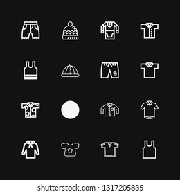 Editable 16 apparel icons for web and mobile. Set of apparel included icons line Sleeveless, Tshirt, Shirt, Hoodie, Polo shirt, Clothing, Shorts, Winter hat on black background