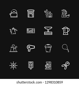 Editable 16 appliance icons for web and mobile. Set of appliance included icons line Pruning shears, Coffee machine, Water heater, Balance, Enema, Bucket, Hair dryer on black background