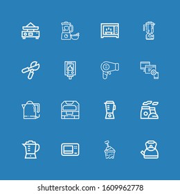 Editable 16 appliance icons for web and mobile. Set of appliance included icons line Kettle, Bucket, Microwave, Blender, Chimney, Machine, Devices, Hairdryer on blue background