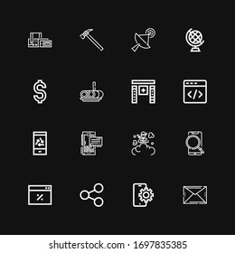 Bearbeitbar 16 Anwendungssymbole für Web und Mobile. Set der Anwendung enthält Symbole Zeile E-Mail, Mobile, Share, Browser, Smartphone, Rauchbombe, Html, Software auf schwarzem Hintergrund