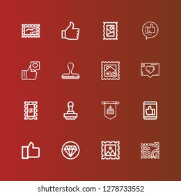 Editable 16 approve icons for web and mobile. Set of approve included icons line Stamp, Quality, Like, Standard, Thumb up on red