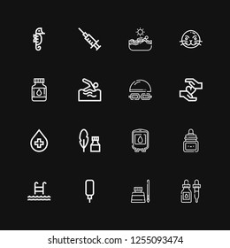 Editable 16 aqua icons for web and mobile. Set of aqua included icons line Ink, Water dispenser, Swim, Blood, Swimming, Drops, Sea lion, Seahorse on black background