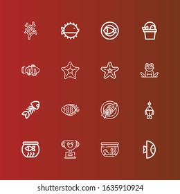 Editable 16 aquarium icons for web and mobile. Set of aquarium included icons line Fish, Fishbowl, Pet, Fish bowl, Fish bone, Frog, Starfish, Clown Puffer Coral on red