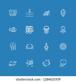 Editable 16 aquatic icons for web and mobile. Set of aquatic included icons line Frog, Fish, Whale, Sea urchin, Turtle, Jellyfish, Oxygen tank, Clown fish, Seashell on blue background