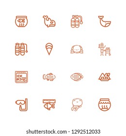 Editable 16 aquatic icons for web and mobile. Set of aquatic included icons line Fishbowl, Frog, Fish, Dive, Seaweed, Clown fish, Aquarium, Turtle, Clam, Oxygen tank on white background