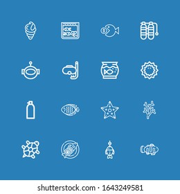 Editable 16 aquatic icons for web and mobile. Set of aquatic included icons line Clown fish, Fish, Tortoise, Coral, Starfish, Oxygen, Sea urchin, Aquarium, Diving on blue background