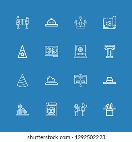 Editable 16 architect icons for web and mobile. Set of architect included icons line Hat, Planning, Blueprint, Architecture on blue background