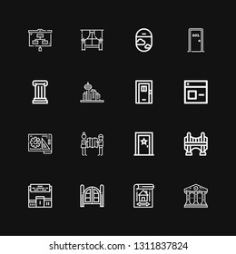 Editable 16 architectural icons for web and mobile. Set of architectural included icons line Courthouse, Blueprint, Doors, Pedestal, Bridge, Door, Planning on black background