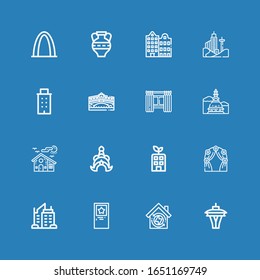 Editable 16 architecture icons for web and mobile. Set of architecture included icons line Space needle, House, Door, Skyscraper, Arch, Building, Thailand, Mole antonelliana on blue background