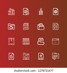 Editable 16 archive icons for web and mobile. Set of archive included icons line Folder, File, Cloud folder, Folders, Dossier, Drawer on red