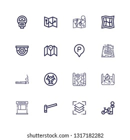 Editable 16 area icons for web and mobile. Set of area included icons line Parking, Layers, Map, Biohazard, Cigarette, Surveillance, Parking meter on white background