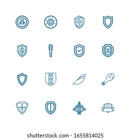 Editable 16 iconos de brazos para web y móvil. Conjunto de armas que incluye iconos de línea Escudo, Crossbow, Arma, Iberia, Armas sobre fondo blanco