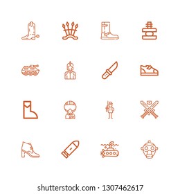 Editable 16 army icons for web and mobile. Set of army included icons line Gas mask, Submarine, Bullet, Boot, Swords, Soldier, Military, Boots, Knife, Knight on white background