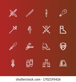 Editable 16 army icons for web and mobile. Set of army included icons line Tank, Bullets, Bullet, Sword, Arsenal, Boot, Pistol, Lance, Soldier, Weapon, Knife on red