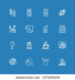 Editable 16 aroma icons for web and mobile. Set of aroma included icons line Essential oil, Perfume, Tea bag, Latte, Spices, Tea cup, French press, Cappuccino on blue background