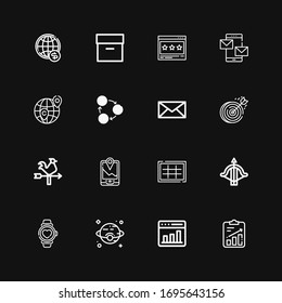 Editable 16 arrow icons for web and mobile. Set of arrow included icons line File, Graph, Venus, Watch, Crossbow, Grid, Gps, Vane, Dartboard, Mail, Exchange on black background
