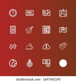 Editable 16 iconos de flecha para web y móvil. Conjunto de flecha que incluye iconos línea Reciclaje, Botón Agregar, Destino, Geografía, Gps, Nube Zip, Pixel, Transferencia, Descargar, Dominio en rojo