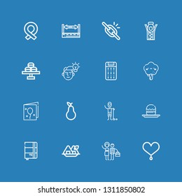 Editable 16 art icons for web and mobile. Set of art included icons line Heart, Graphic designer, Seaweed, Sketchbook, Profiterole, Golfer, Pear, Birthday card on blue background
