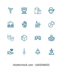 Editable 16 art icons for web and mobile. Set of art included icons line Dress, Lamp, Shovel, Jewelry, Read, Banner, d cube, Theater, Pie chart, Champagne on white background