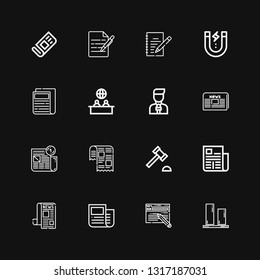 Editable 16 article icons for web and mobile. Set of article included icons line Vertical align, Blog, News, Newspaper, Auction hammer, News reporter, Content on black background