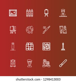 Editable 16 artist icons for web and mobile. Set of artist included icons line Brush, Graffiti, Artist, Painting, Monas, Crayons, Crayon, Paint tube, Paint, Statue, Canvas on red