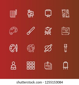Editable 16 artistic icons for web and mobile. Set of artistic included icons line Canvas, Note, Palette, Sculpture, Brush, Rolling pin, Paint, Easel, Color palette, Paint tube on red