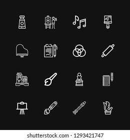 Editable 16 artistic icons for web and mobile. Set of artistic included icons line Sculpture, Flute, Paint brush, Canvas, Notes, Art, Graffiti, Rolling pin on black background