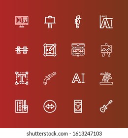 Editable 16 artwork icons for web and mobile. Set of artwork included icons line Electric guitar, Typography, Team viewer, Watercolor, Pisa, Musket, Canvas, Layout, Brooklyn bridge on red