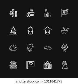 Editable 16 asia icons for web and mobile. Set of asia included icons line Sumo, Taj mahal, Flag, Dojo, Ninja, Dumpling, Elephant, Onigiri, Bowl, Chinese, Geisha on black background