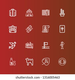 Editable 16 asia icons for web and mobile. Set of asia included icons line Peking duck, Om, Camel, Sake, Chinese, Flags, Sushi, Origami, Mahjong, Pacifism, Nunchaku, Dragon on red