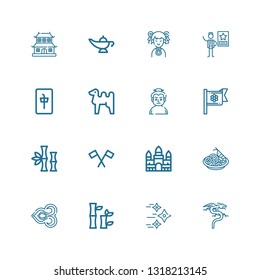 Editable 16 asia icons for web and mobile. Set of asia included icons line Dragon, Shuriken, Bamboo, Thai, Pad thai, Angkor wat, Flag, Sumo, Camel, Mahjong on white background