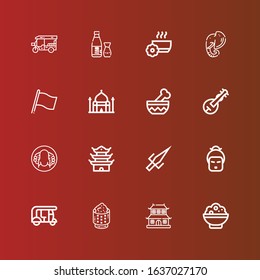 Editable 16 asia icons for web and mobile. Set of asia included icons line Rice, Dojo, Tuk tuk, Geisha, Sai, Pagoda, Peking duck, Veena, Bowl, Taj mahal, Flag, Elephant on red