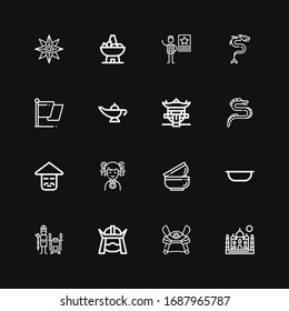 Editable 16 asia icons for web and mobile. Set of asia included icons line Taj mahal, Samurai, Tandoor, Bowl, Bowls, Chinese, Dragon, Pagoda, Magic lamp, Flag on black background