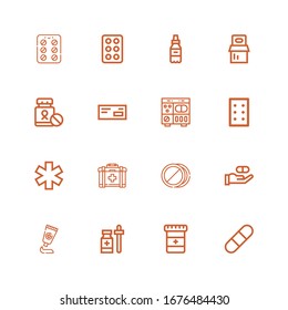 Editable 16 aspirin icons for web and mobile. Set of aspirin included icons line Pill, Medicine, Pills, First aid, Drug, Contraceptive pills on white background