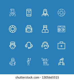 Editable 16 Assistance Icons For Web And Mobile. Set Of Assistance Included Icons Line Doctor, Charity, Nurse, Emergency Kit, Support, Headset, Concierge, Bellboy On Blue Background