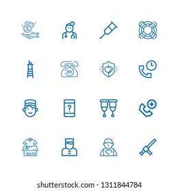 Editable 16 assistance icons for web and mobile. Set of assistance included icons line Baton, Donor, Bellboy, Clothes donation, Emergency call, Crutches, Customer service on white background