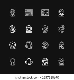 Editable 16 iconos auxiliares para web y móvil. Conjunto de asistentes incluidos iconos Línea Recepcionista, Soporte al cliente, Cabeceras, Centro de llamadas, Operador, Servicio al cliente en fondo negro