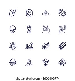 Editable 16 astronaut icons for web and mobile. Set of astronaut included icons line Spaceship, Pluto, Rocket, Ufo, Meteorite, Moon rover, Alien, Space capsule on white background